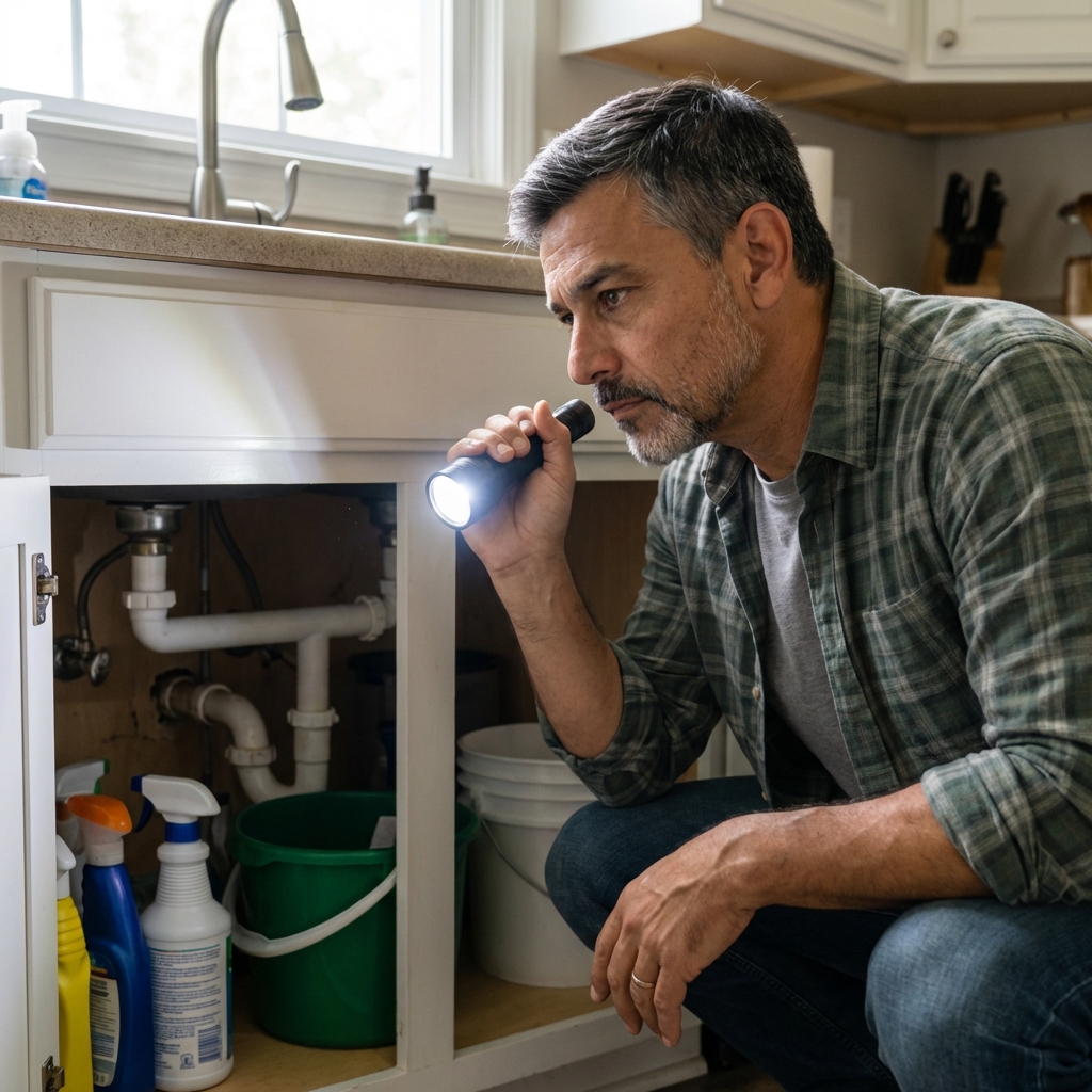 A real photo of a homeowner using a flashlight to check under a kitchen sink for moisture and pests