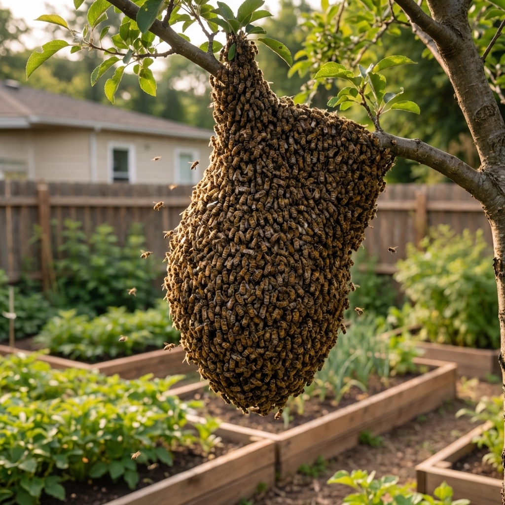 A real photo of a honey bee swarm clustered on a low tree branch in a suburban yard