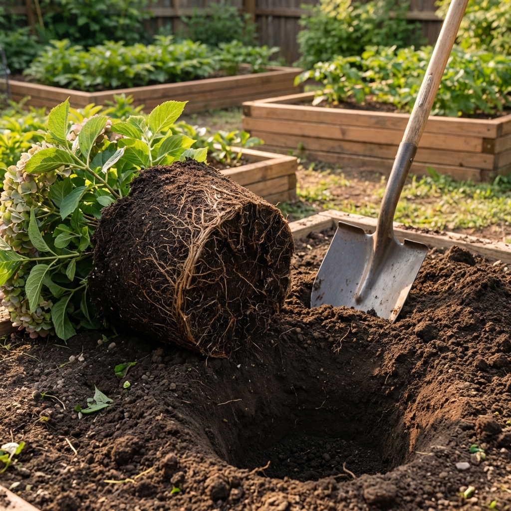 A real photo of a hydrangea root ball sitting next to a shovel and a dug planting hole in a garden bed