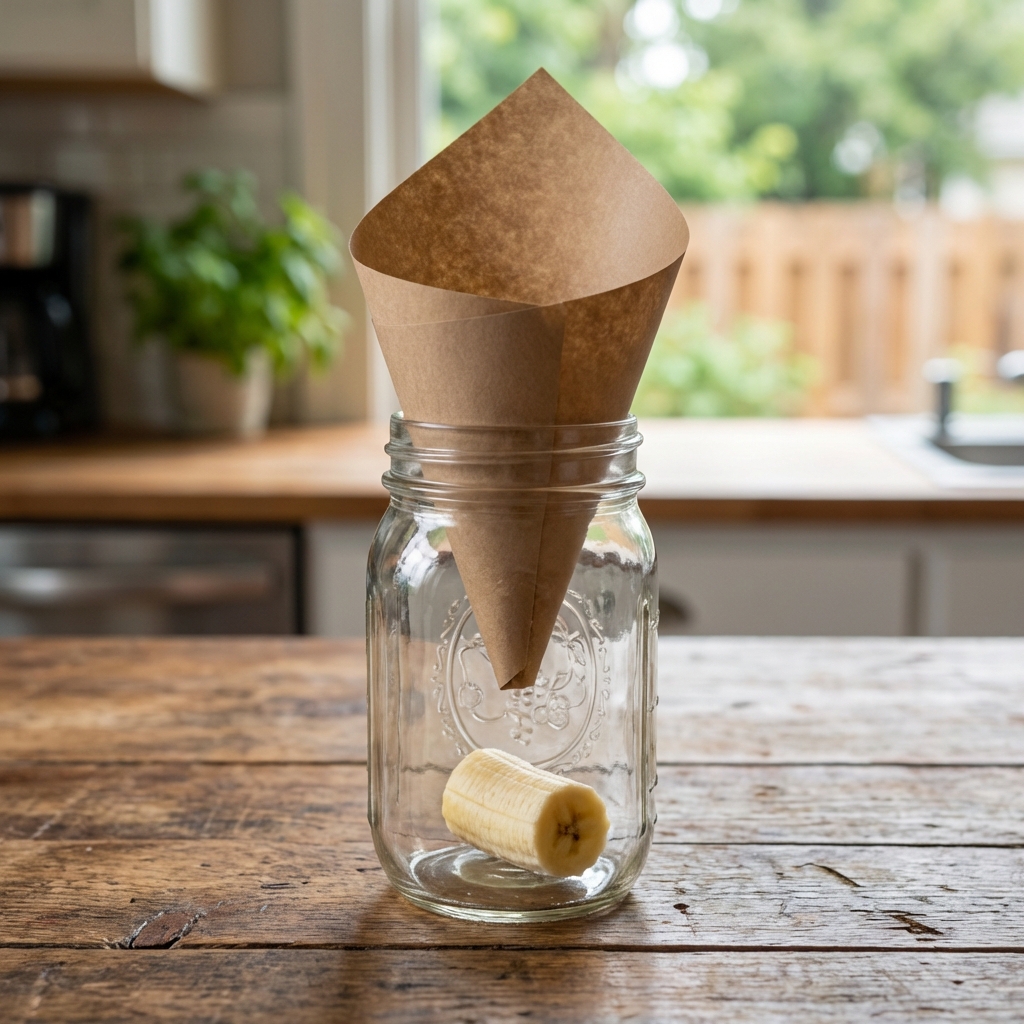 A real photo of a mason jar on a countertop with a paper funnel inserted, containing a small piece of ripe banana