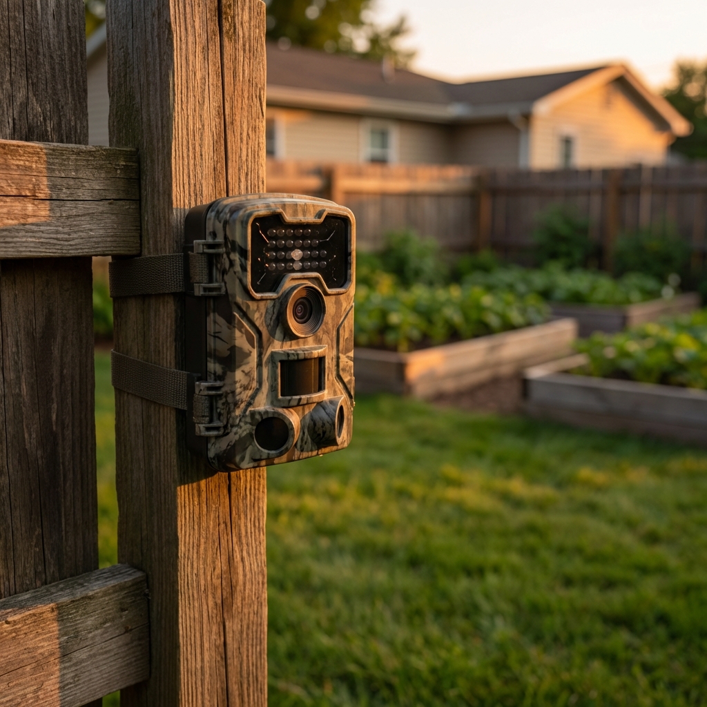 A real photo of a motion-activated trail camera strapped to a backyard fence post facing a lawn at dusk