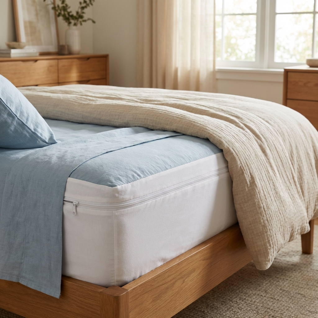 A real photo of a neatly made bed with a white zippered mattress encasement visible along the side