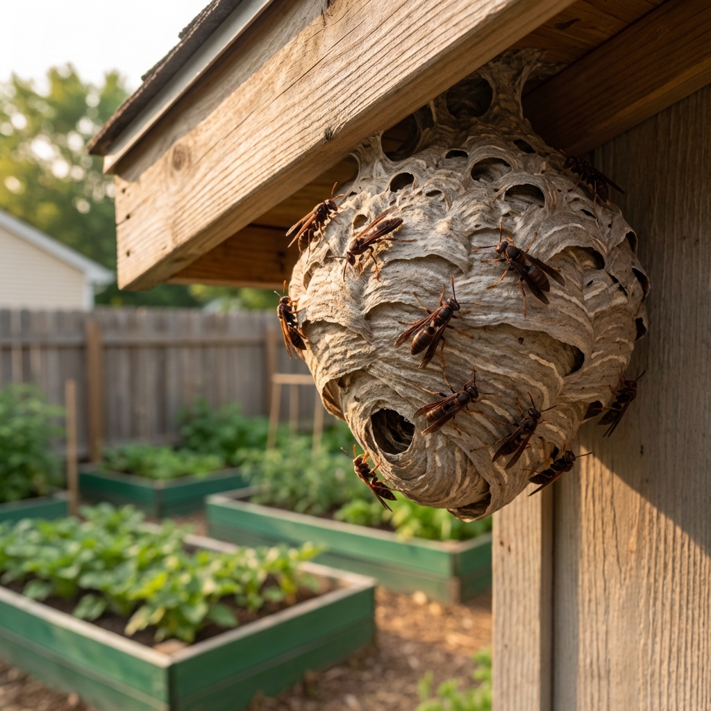 A real photo of a paper wasp nest attached under a shed eave in a backyard garden
