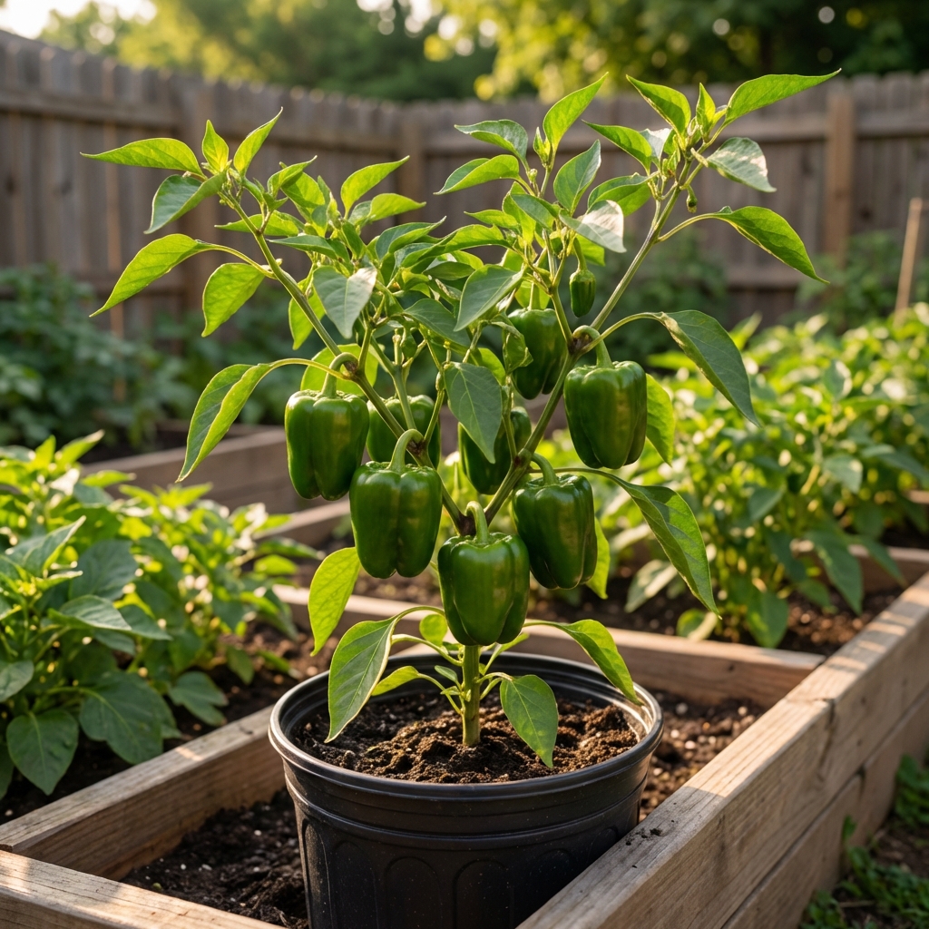 A real photo of a pepper plant in a black plastic pot with several green peppers hanging in bright sunlight
