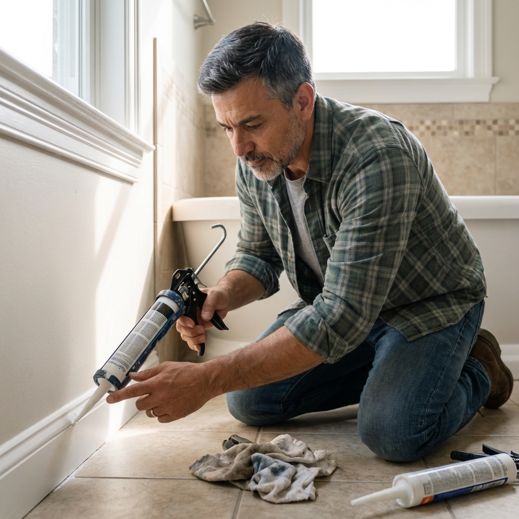 A real photo of a person applying caulk along a bathroom baseboard seam