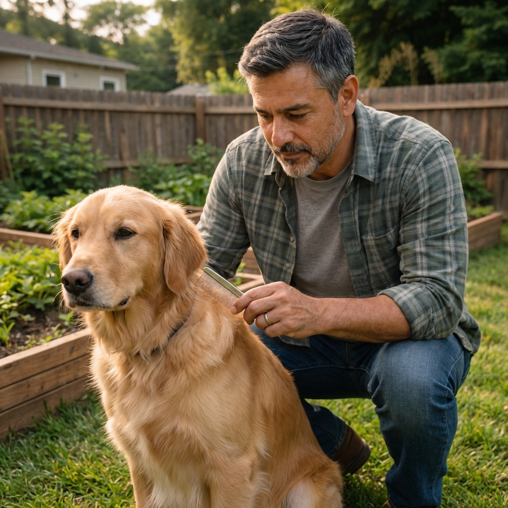 A real photo of a person gently using a flea comb on a dog while the dog sits calmly