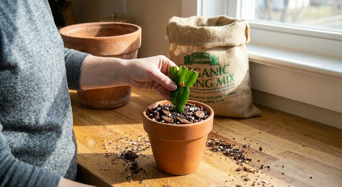 A real photo of a person holding a small Christmas cactus cutting with three segments over a small pot filled with airy potting mix