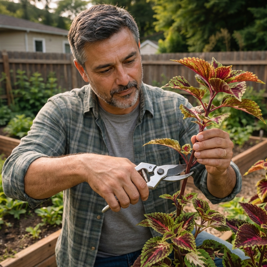 A real photo of a person pruning a coleus stem with clean pruning shears
