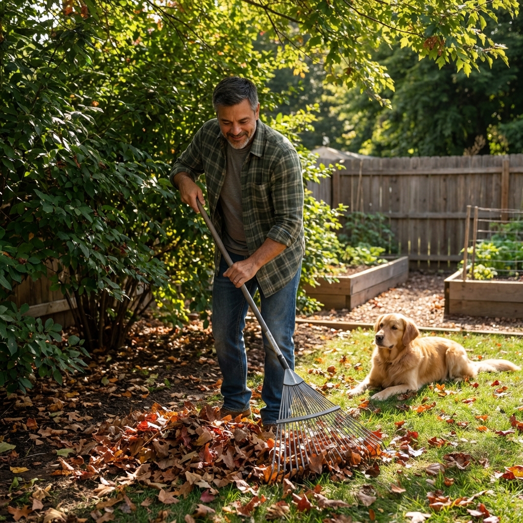 A real photo of a person raking leaves away from a shaded area under shrubs in a backyard