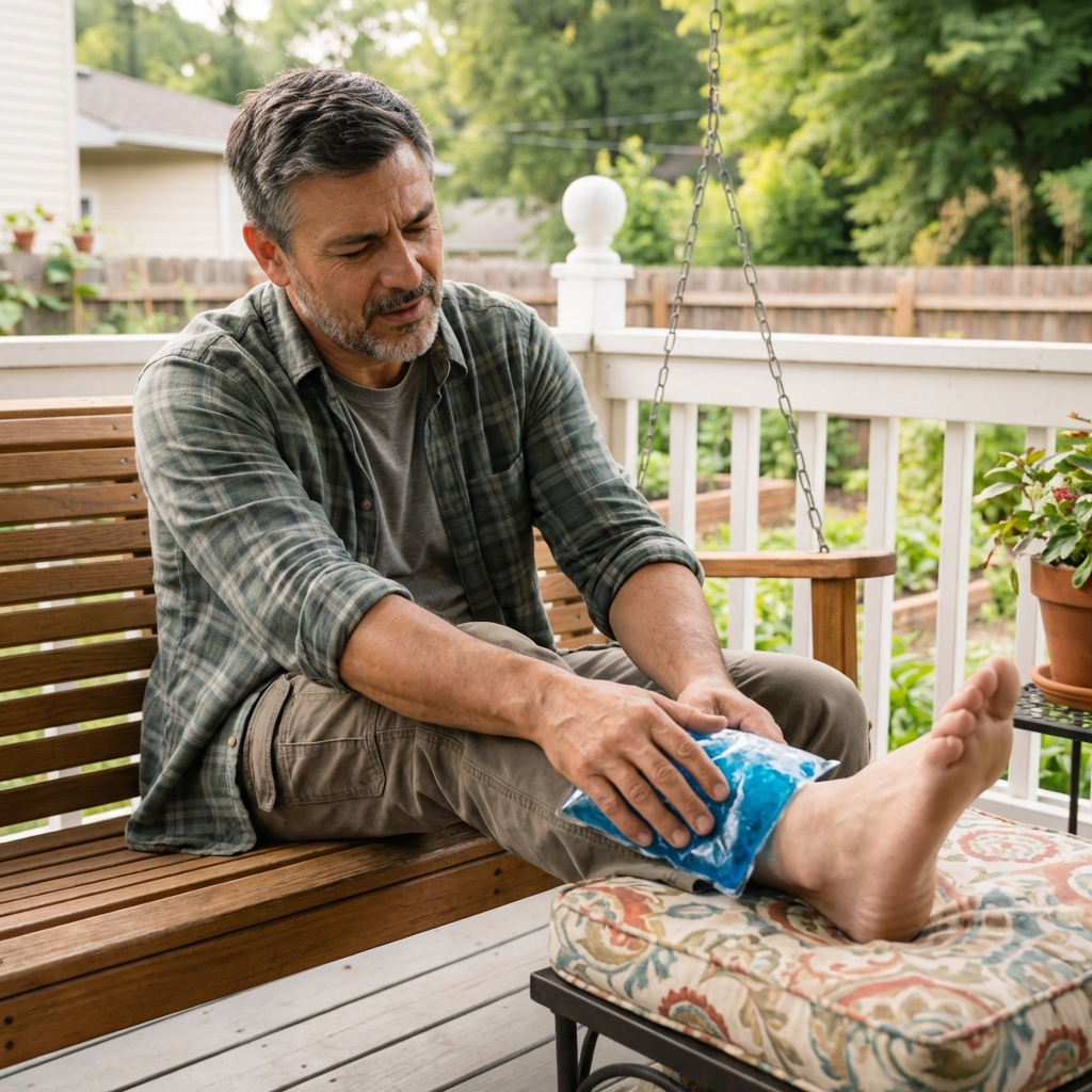 A real photo of a person sitting on a porch with a foot elevated on a cushion while holding a cold pack against a sting