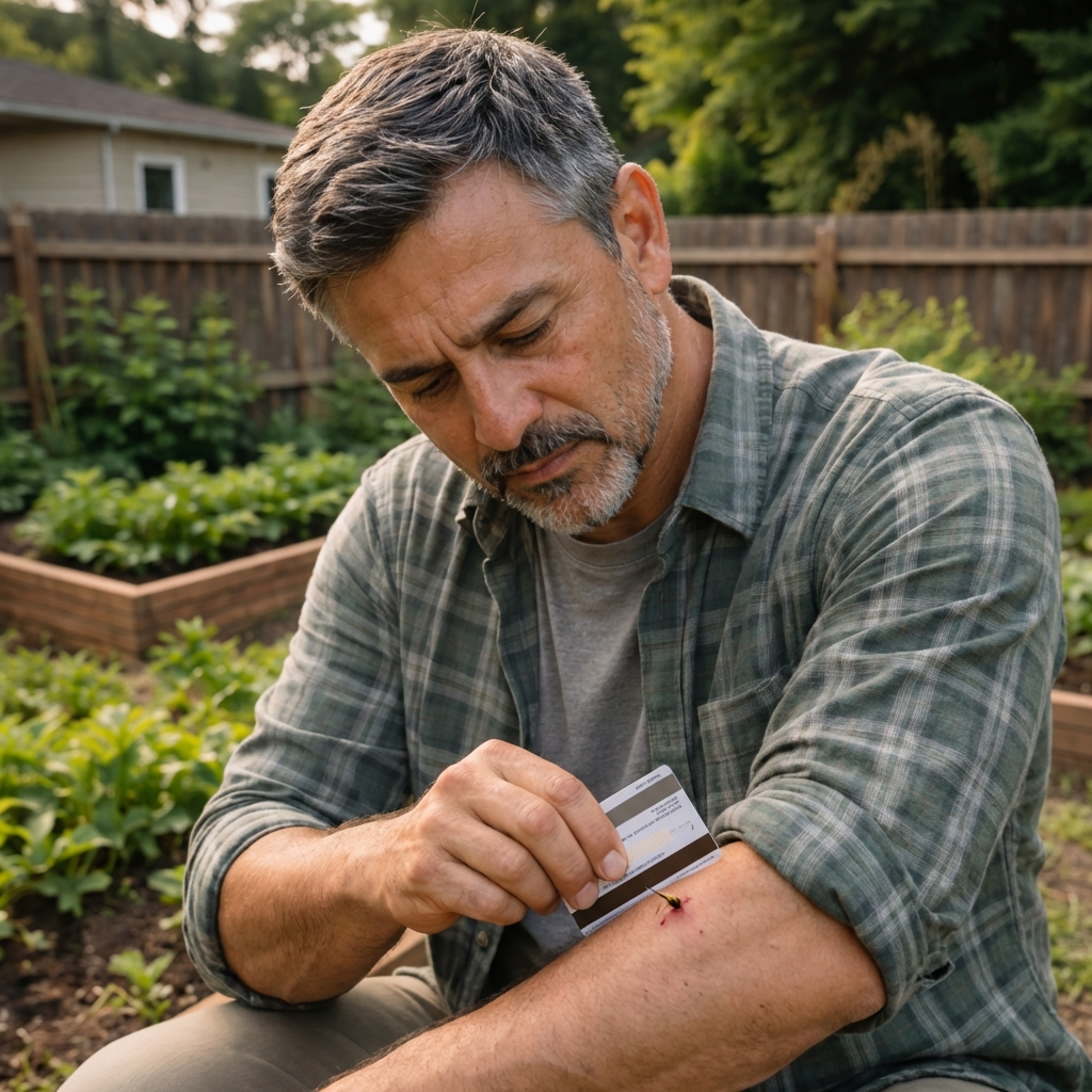 A real photo of a person using the edge of a credit card to scrape a bee stinger from skin