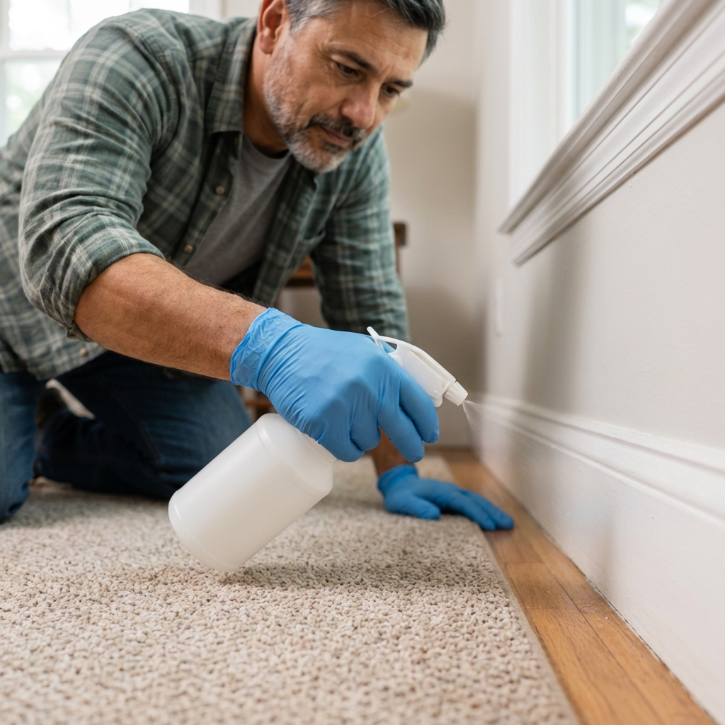 A real photo of a person wearing gloves and lightly spraying along a carpet edge near a baseboard