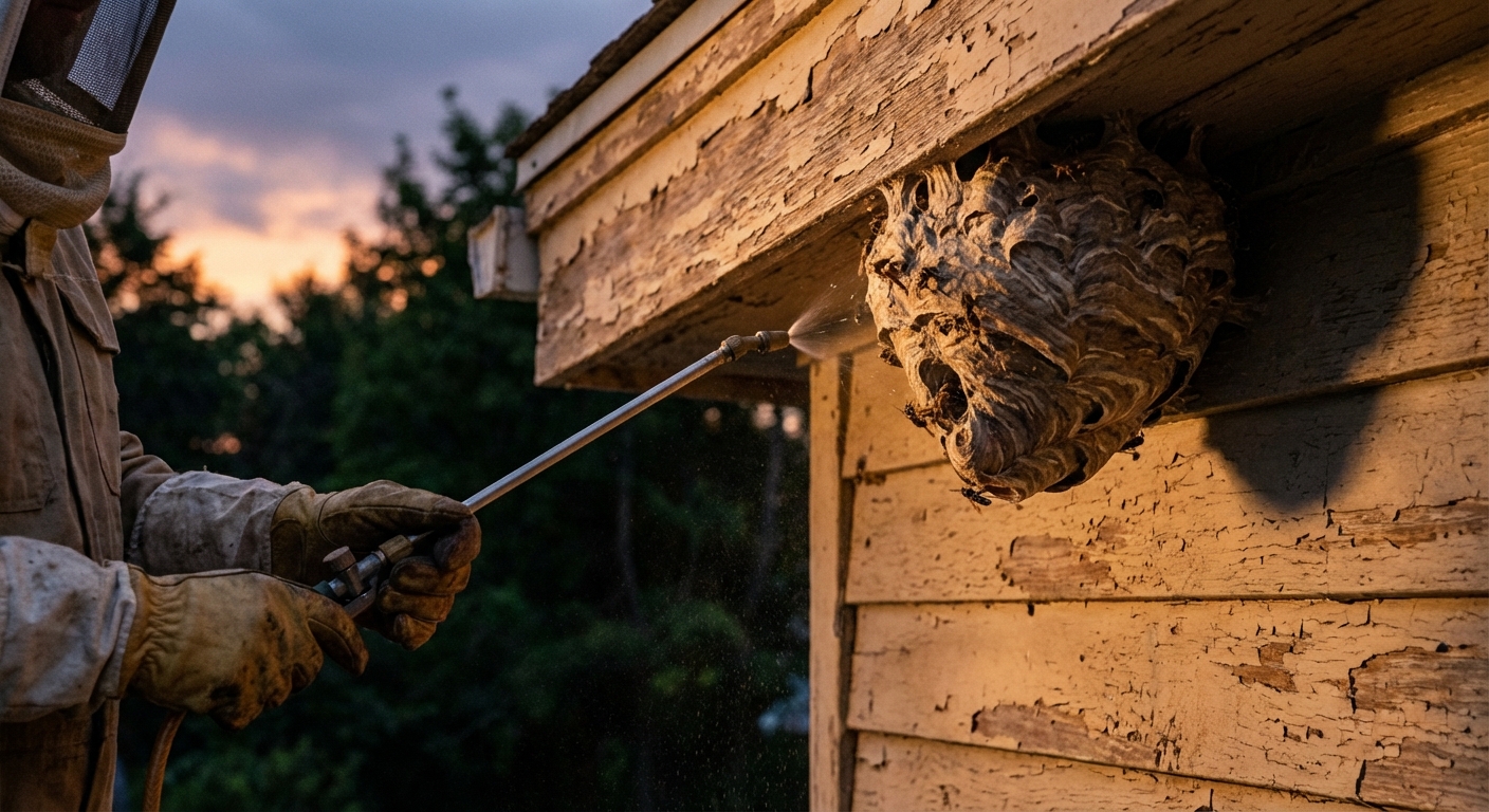 A real photo of a person wearing gloves using a long-handled sprayer toward a wasp nest under an eave at dusk