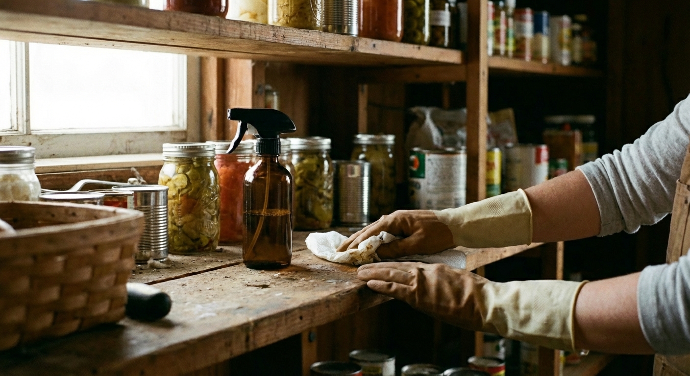 A real photo of a person wearing gloves while wiping a pantry shelf with a spray bottle and paper towels