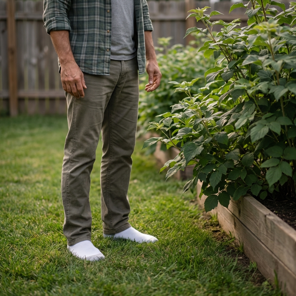 A real photo of a person wearing white socks standing in a shaded patch of lawn near shrubs in a backyard