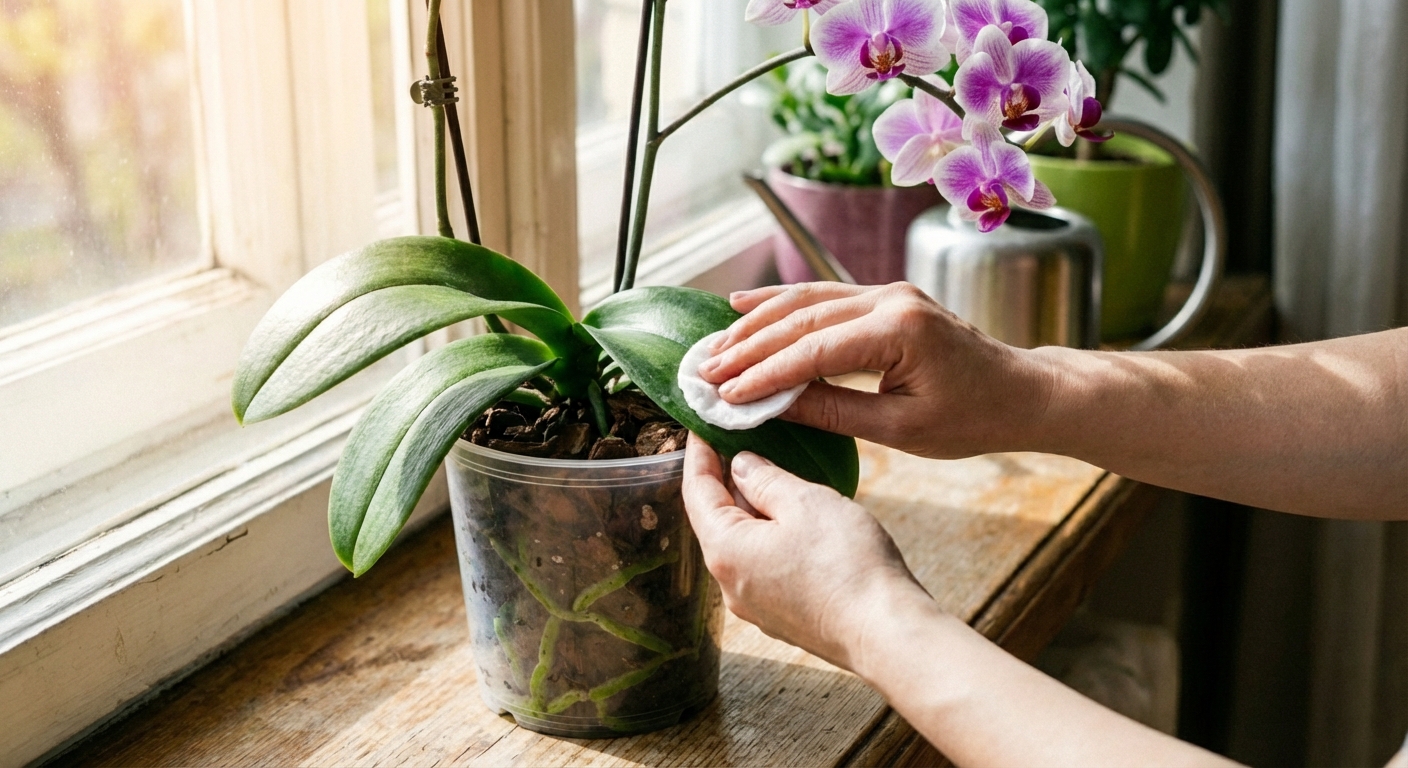 A real photo of a person wiping an orchid leaf with a cotton pad near a sunny kitchen sink