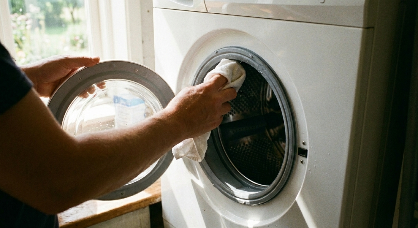 A real photo of a person wiping the rubber door gasket of a front-loading washing machine with a clean cloth