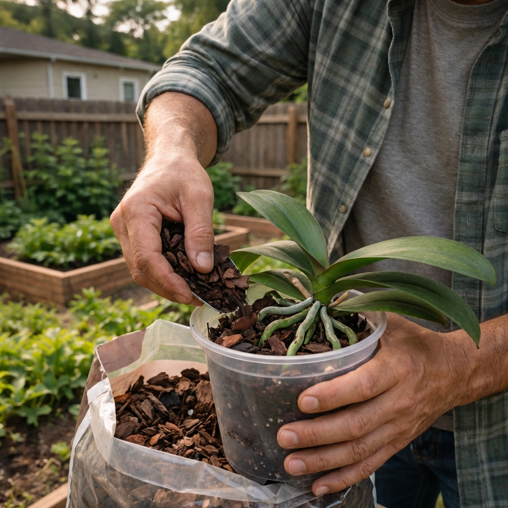 A real photo of a phalaenopsis orchid sitting in a clear pot while someone adds bark mix around the roots