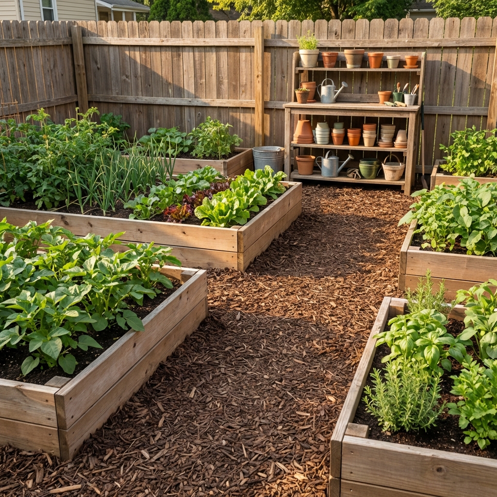 A real photo of a raised bed garden with a clean mulch path and neatly stored pots on a shelf