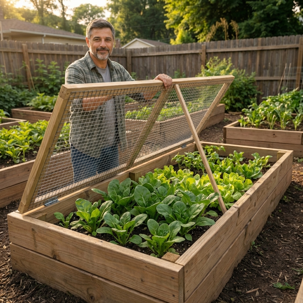 A real photo of a raised bed with a simple wooden frame lid covered in metal mesh