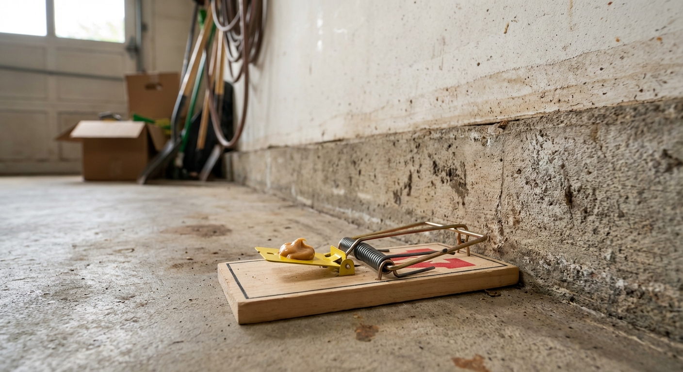 A real photo of a rat snap trap placed flush against a garage wall with a small dab of peanut butter on the trigger