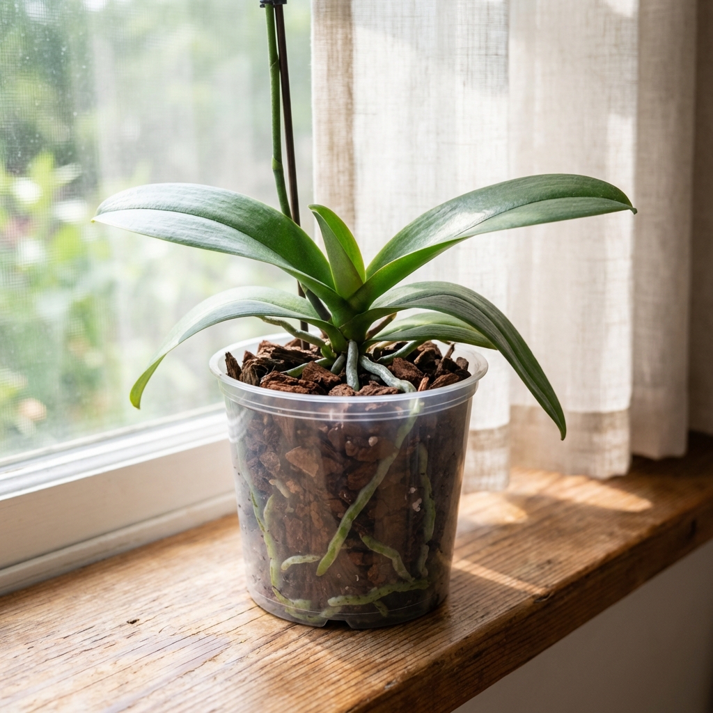 A real photo of a repotted phalaenopsis orchid in a clear pot with fresh bark mix, sitting by a bright window with filtered light