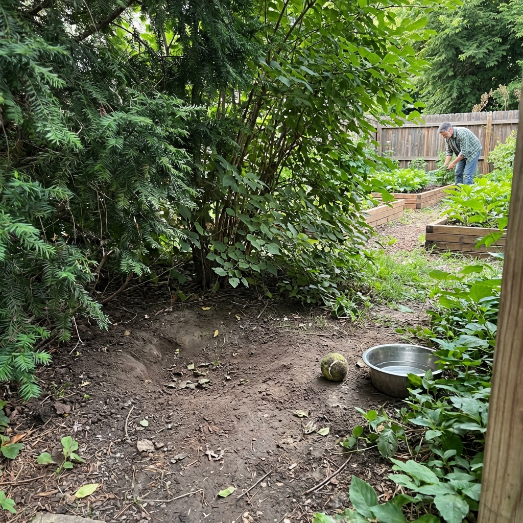 A real photo of a shaded backyard area under shrubs where a dog likes to rest