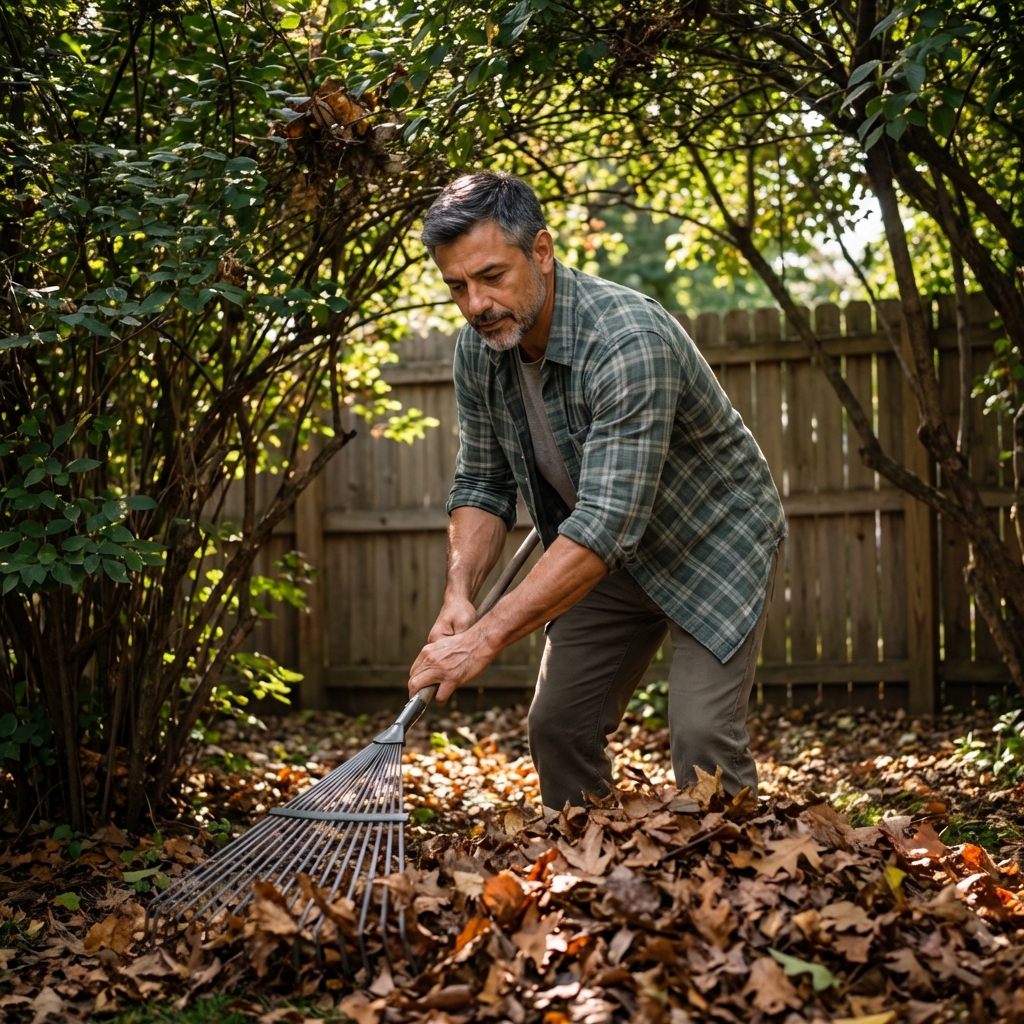 A real photo of a shaded backyard area under shrubs where a person is raking leaf litter