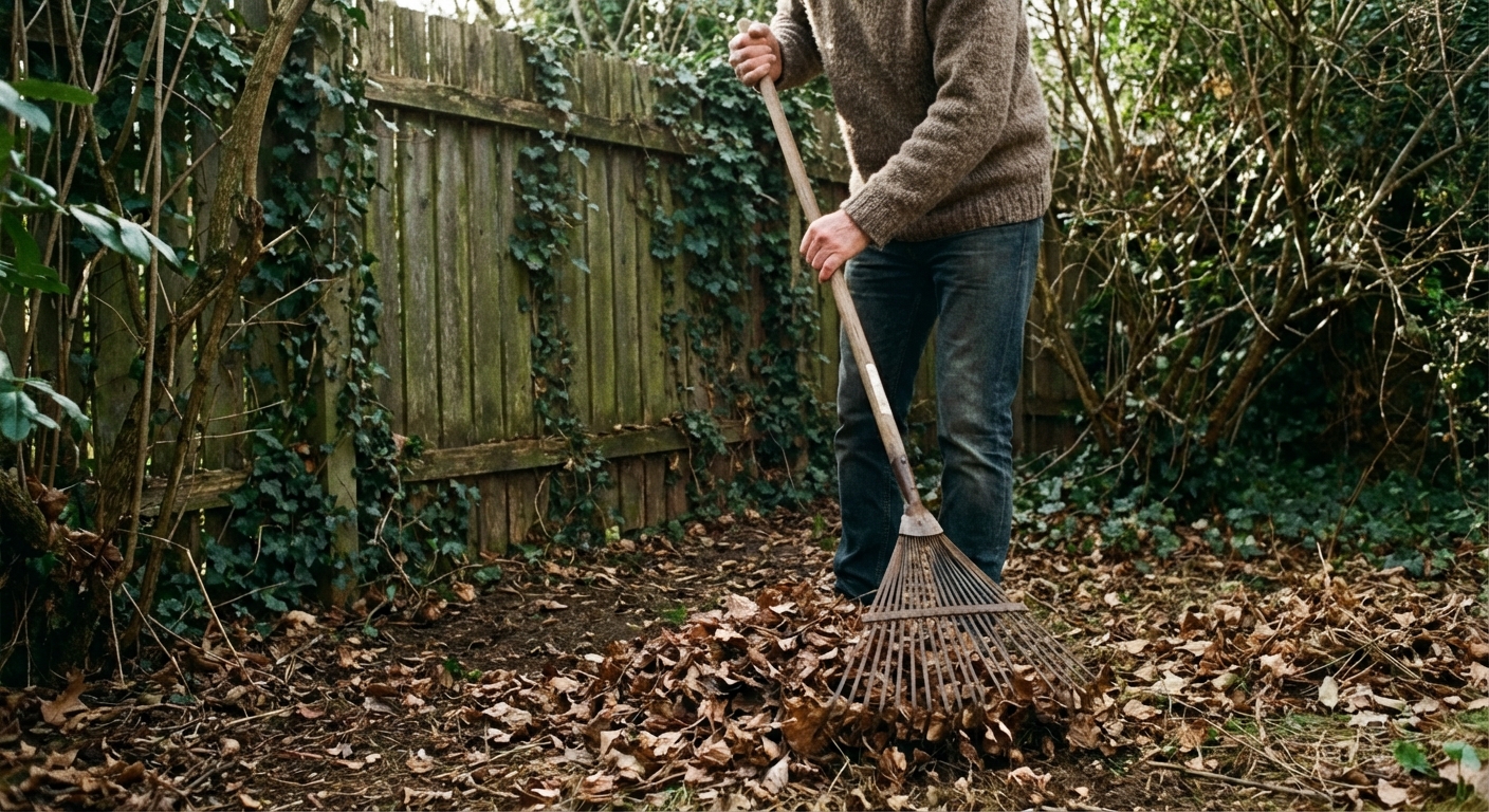 A real photo of a shaded backyard corner with leaf litter being raked up near a fence