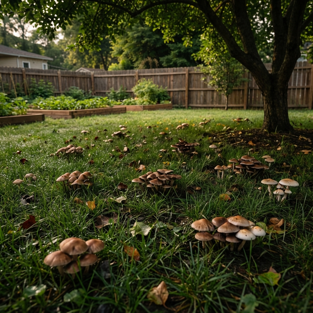 A real photo of a shady lawn area under trees with damp grass and scattered mushrooms