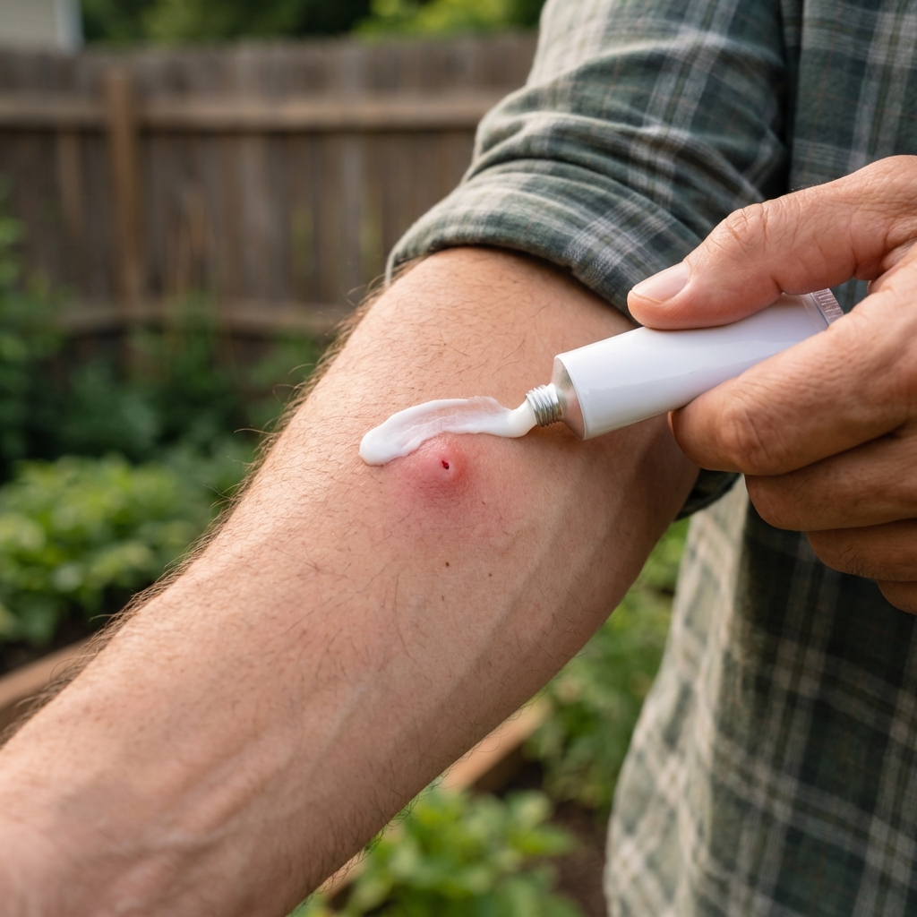 A real photo of a small bee sting bump on skin with a thin layer of cream being applied from a tube