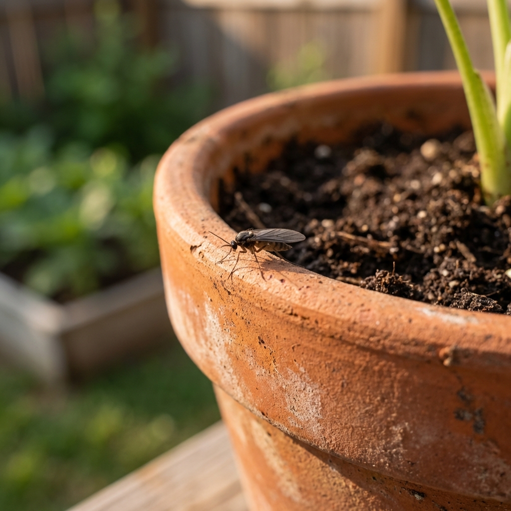 A real photo of a small black fungus gnat resting on the rim of a houseplant pot
