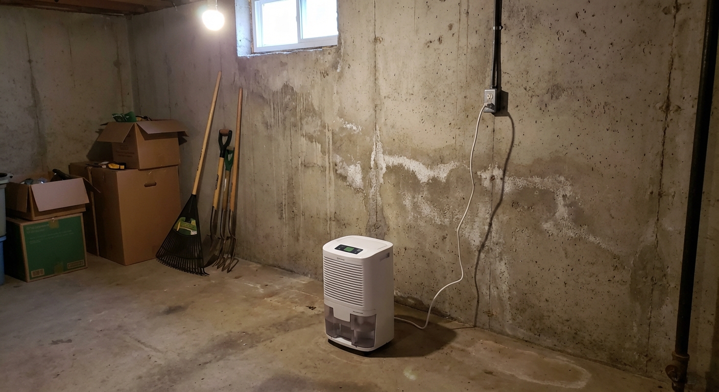 A real photo of a small dehumidifier running in a basement room near a concrete wall