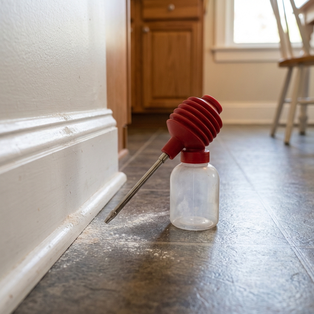 A real photo of a small hand duster bottle next to a baseboard in a kitchen