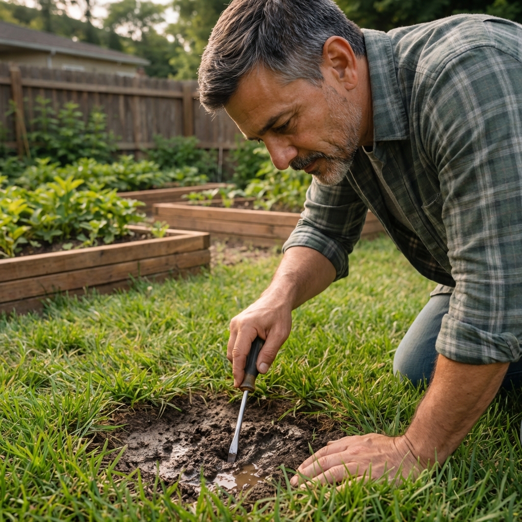 A real photo of a small low spot in a lawn with damp soil, showing a screwdriver probing the ground