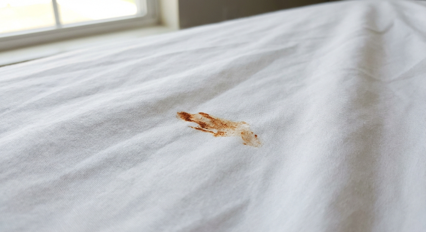 A real photo of a small rust-colored smear on a white bedsheet