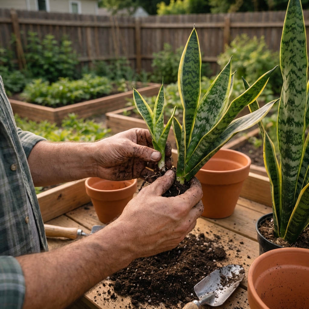 A real photo of a small snake plant pup being separated from the mother plant during repotting