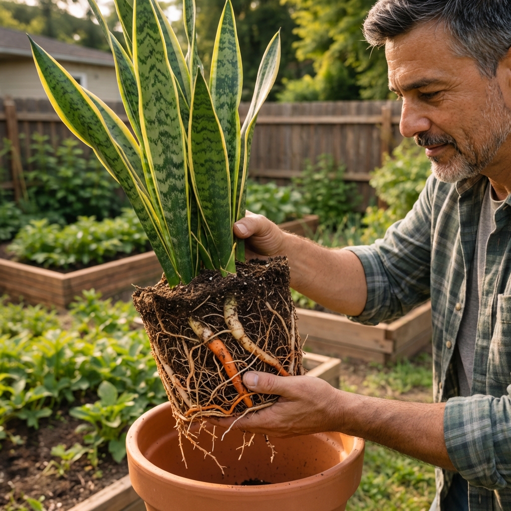 A real photo of a snake plant being gently lifted from a pot showing compact roots and rhizomes