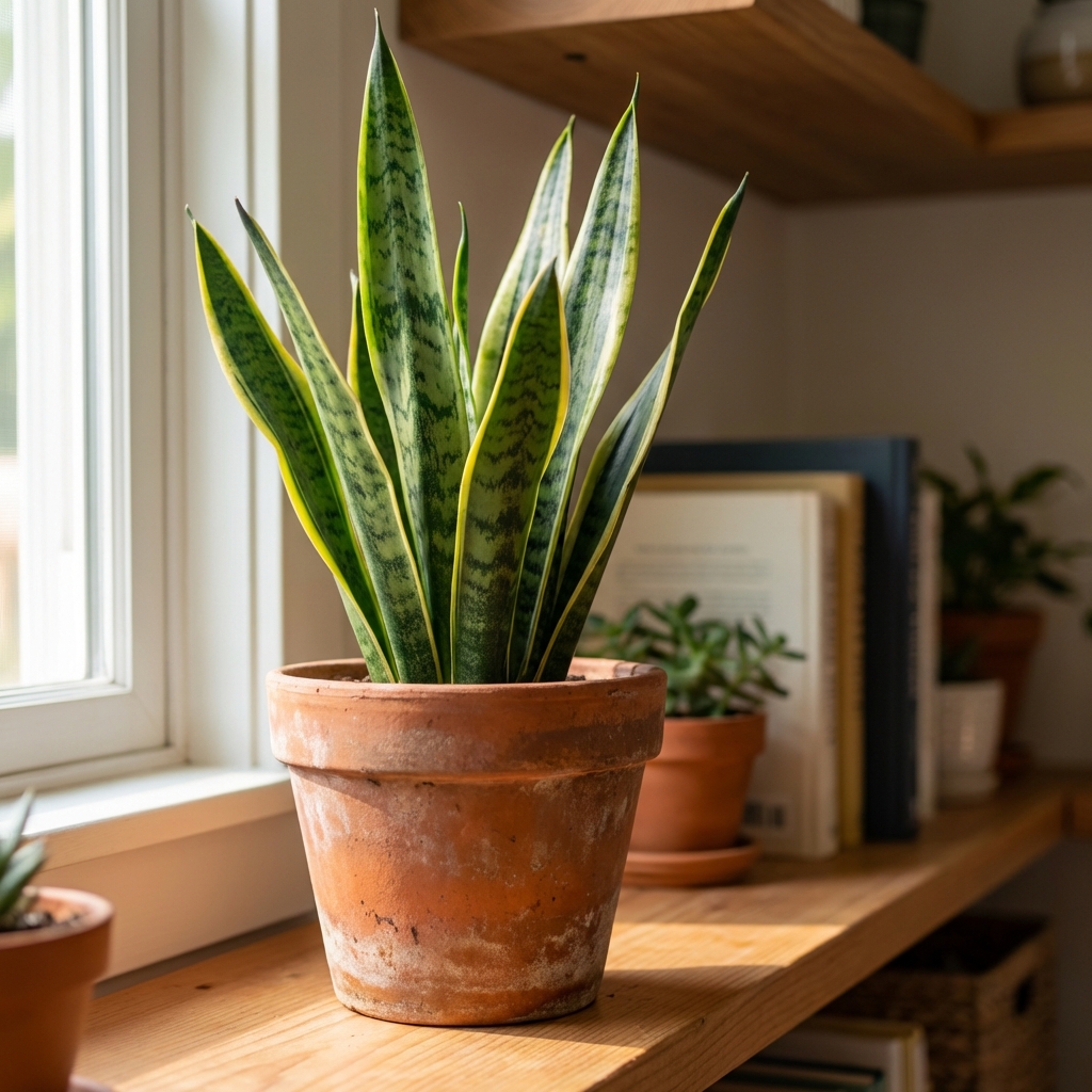 A real photo of a snake plant in a terra cotta pot on an indoor shelf