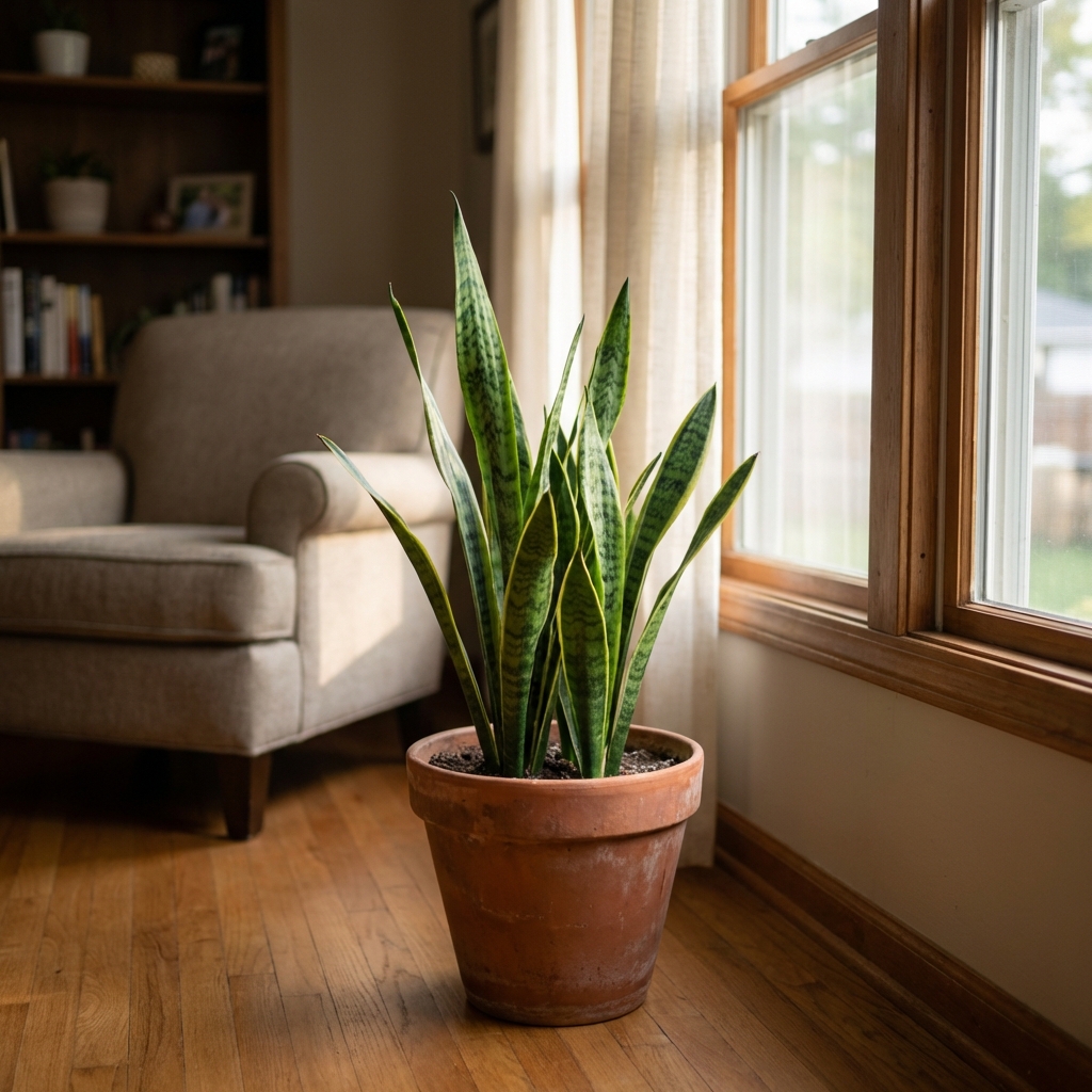 A real photo of a snake plant placed a few feet away from a sunny window with indirect light