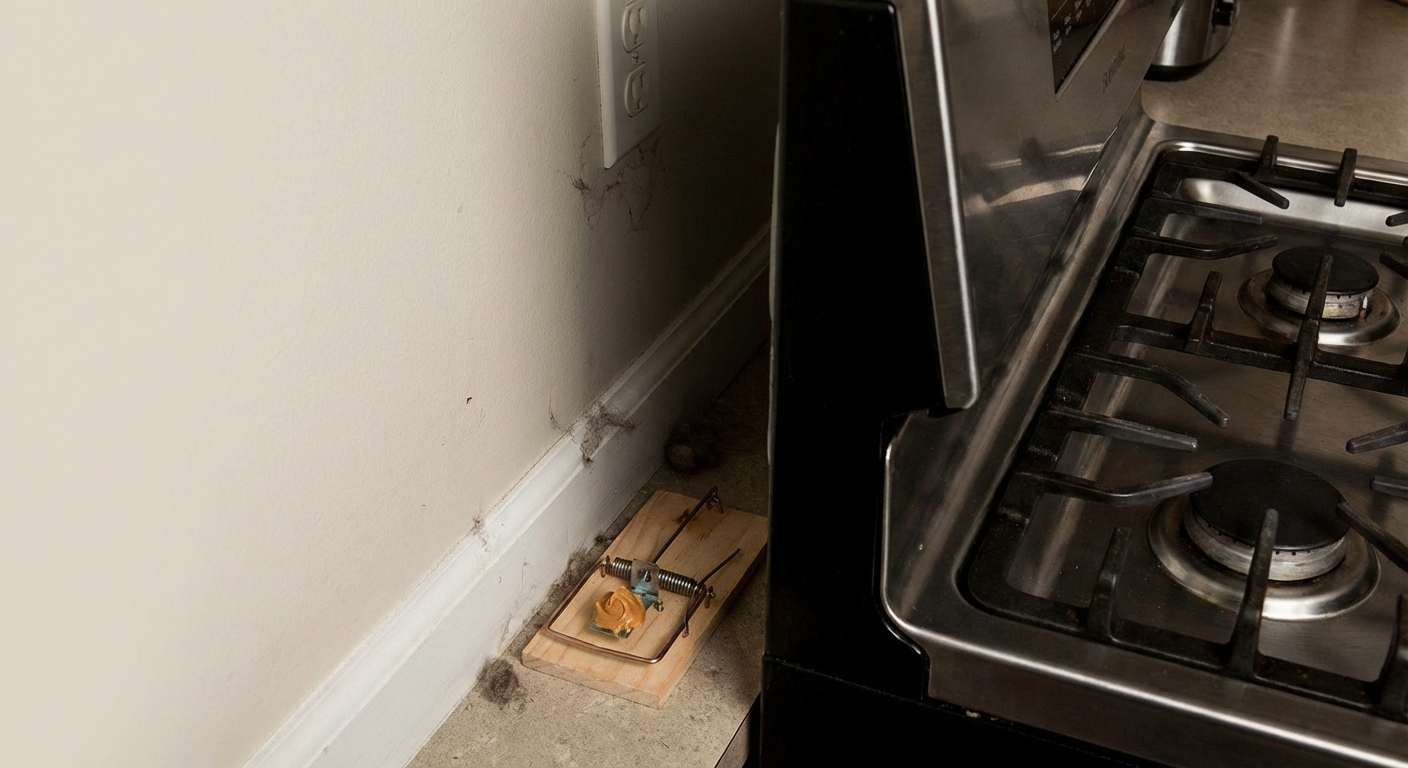 A real photo of a snap trap placed with its trigger end facing a wall behind a kitchen stove