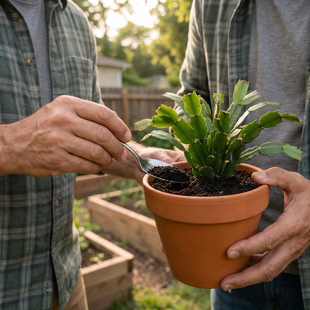 A real photo of a spoon adding a thin layer of worm castings to the top of a Christmas cactus pot