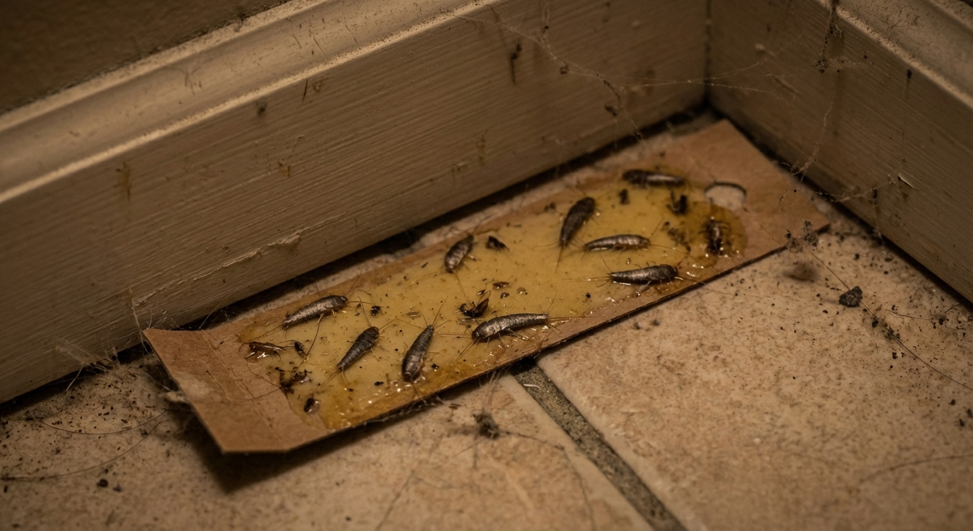 A real photo of a sticky insect trap placed along a baseboard in a dim basement corner