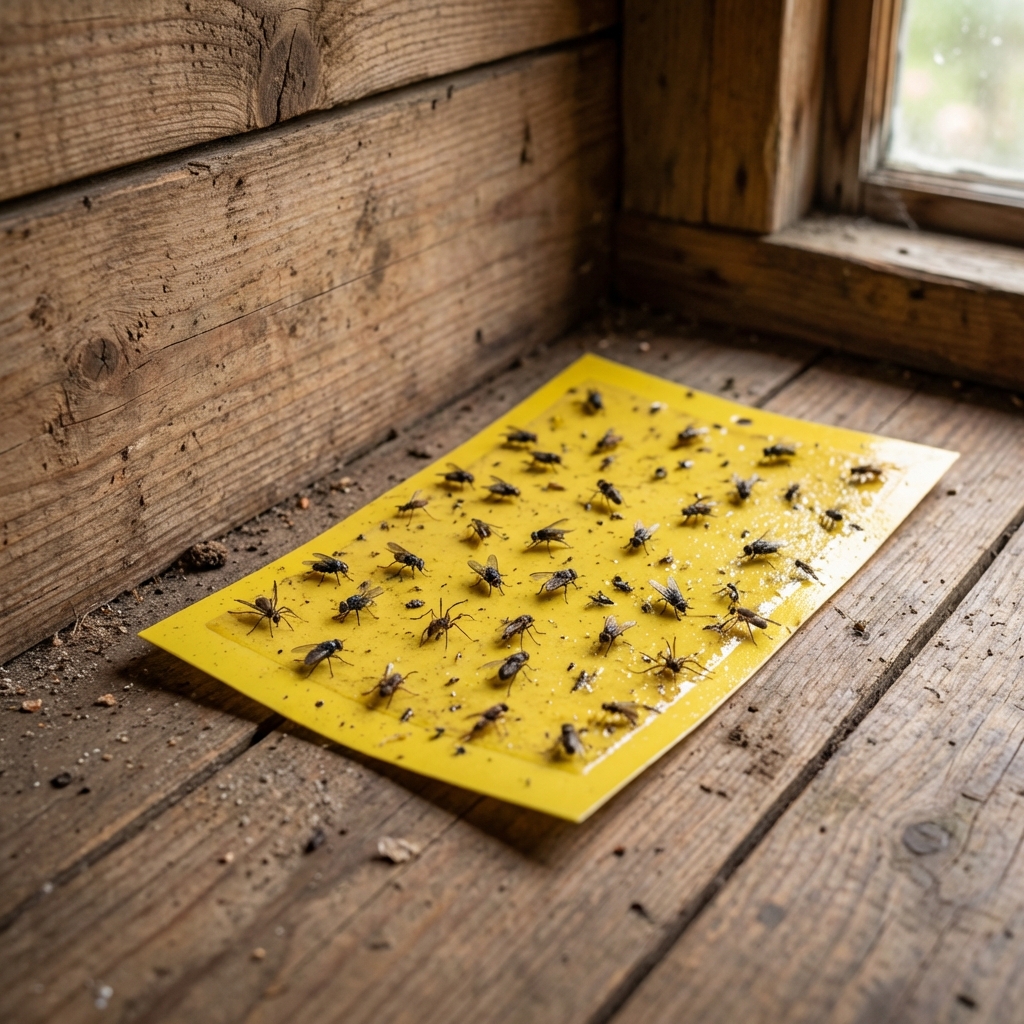 A real photo of a sticky insect trap placed on a shed floor along a wall