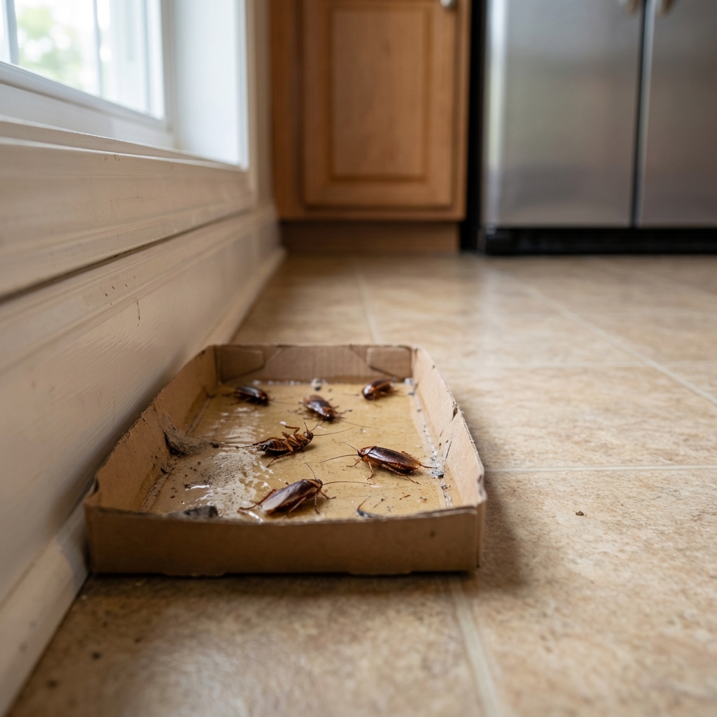 A real photo of a sticky roach trap placed along a baseboard in a kitchen