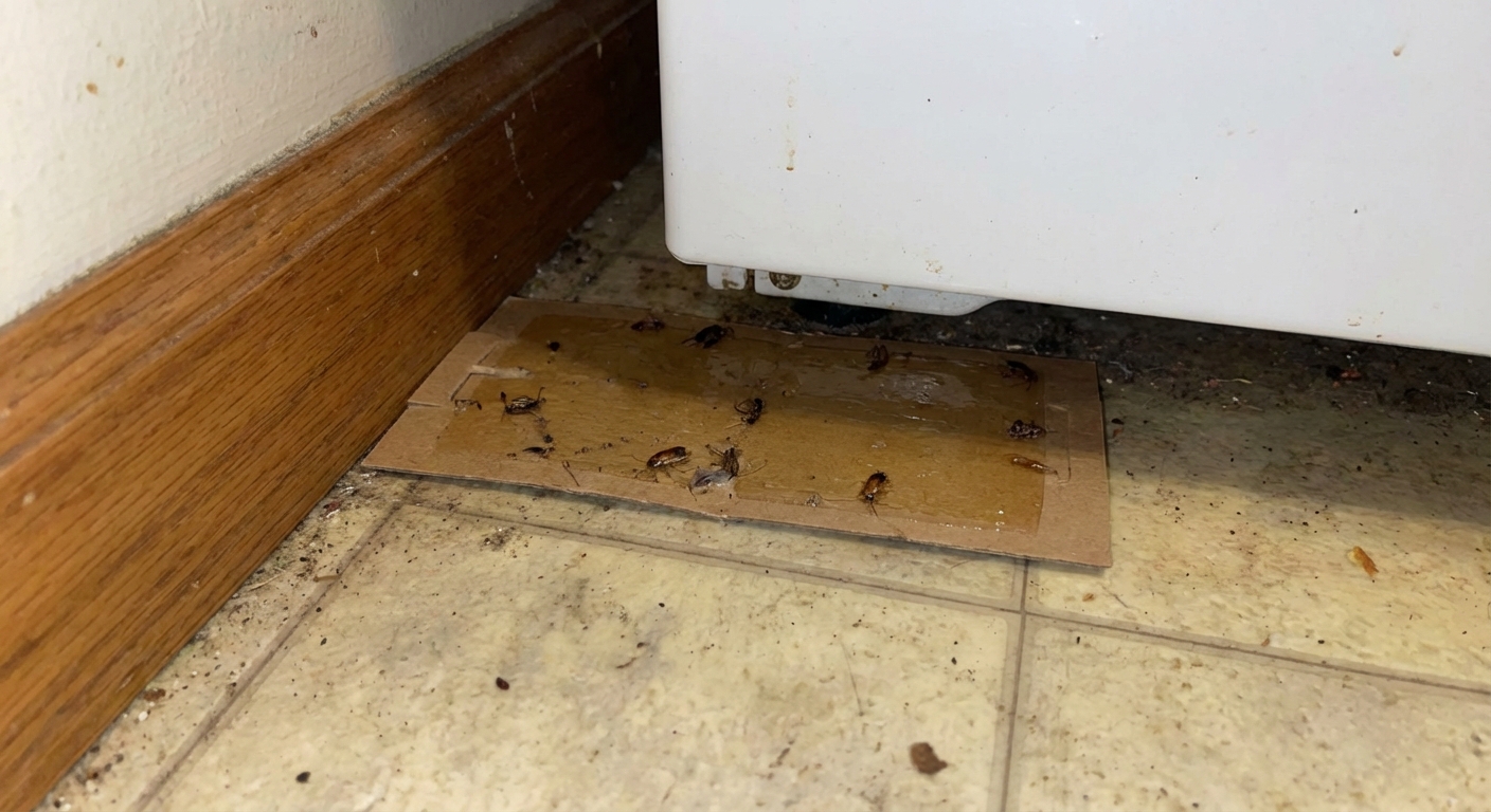 A real photo of a sticky roach trap placed on a kitchen floor behind a refrigerator