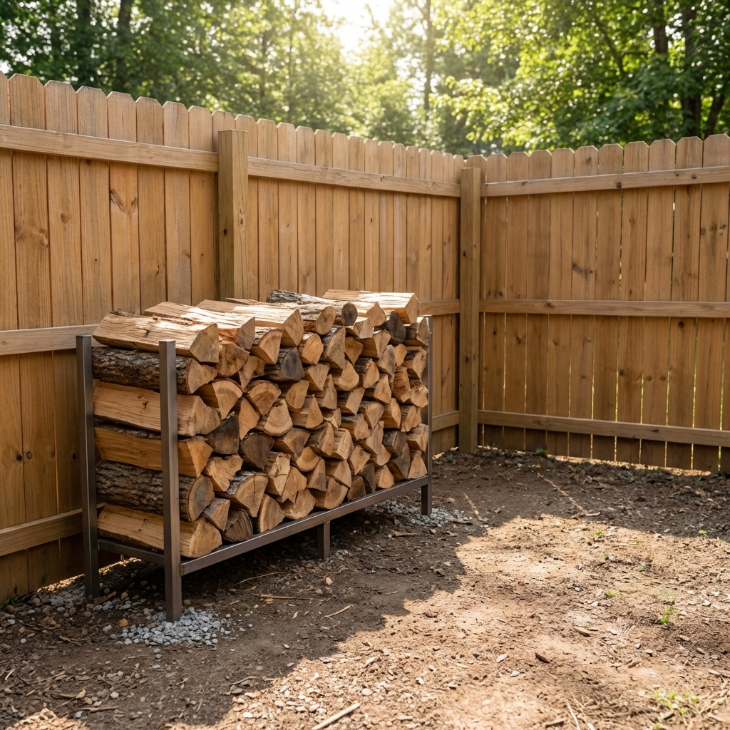 A real photo of a tidy backyard corner with a woodpile raised on a rack and vegetation cleared away from the fence