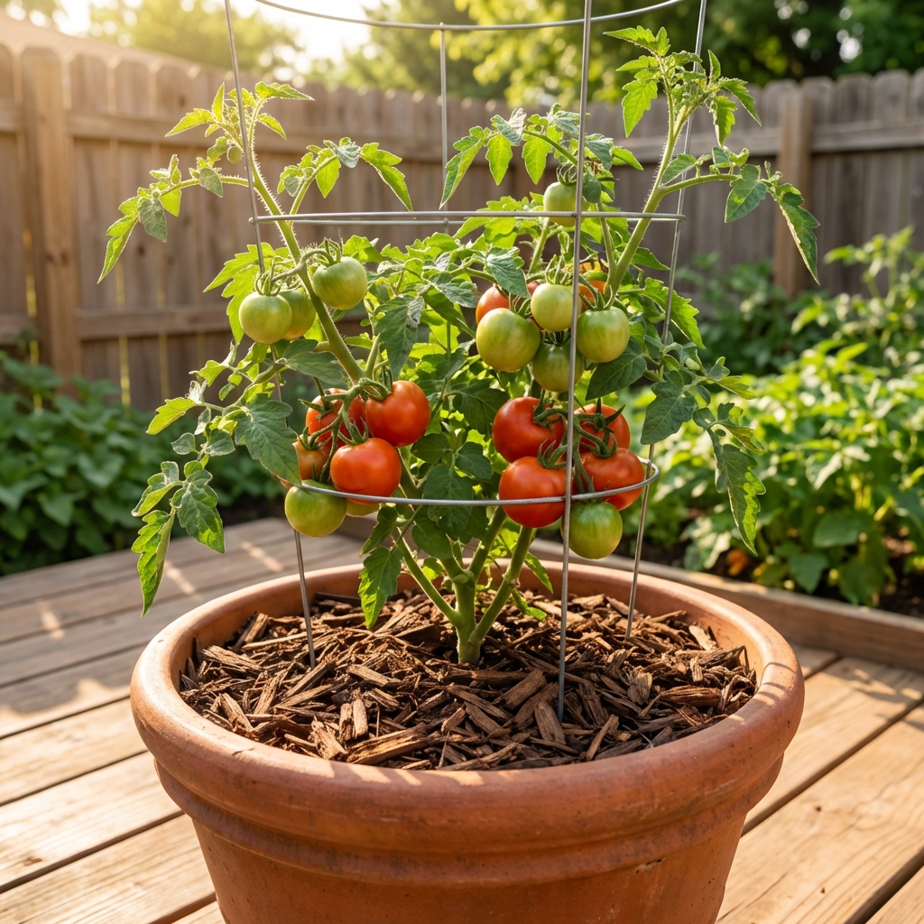 A real photo of a tomato plant growing in a large container on a sunny patio with mulch on the soil surface