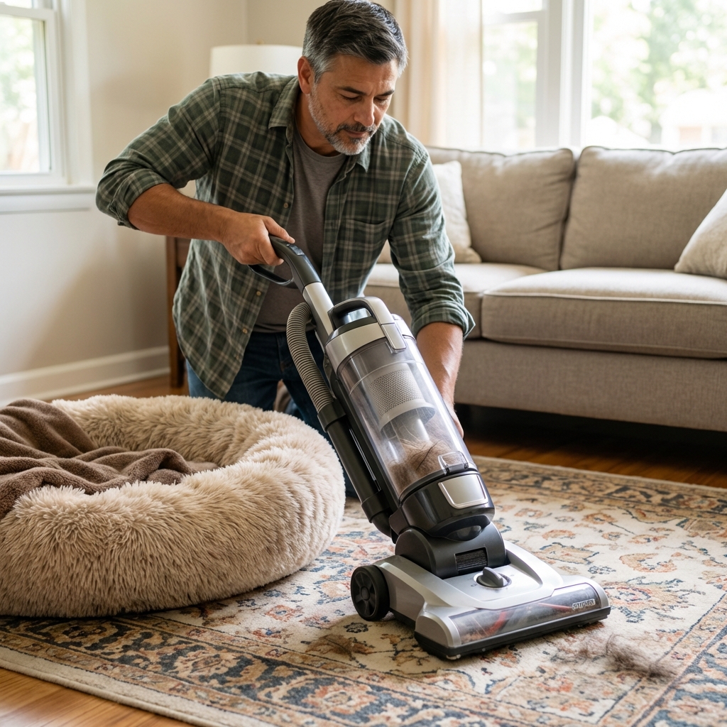 A real photo of a vacuum cleaner being used on a living room rug near a pet bed