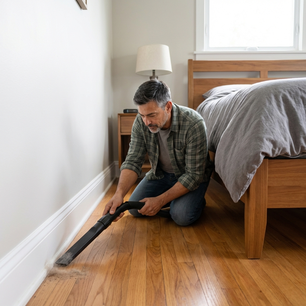A real photo of a vacuum crevice tool being used along a baseboard in a bedroom